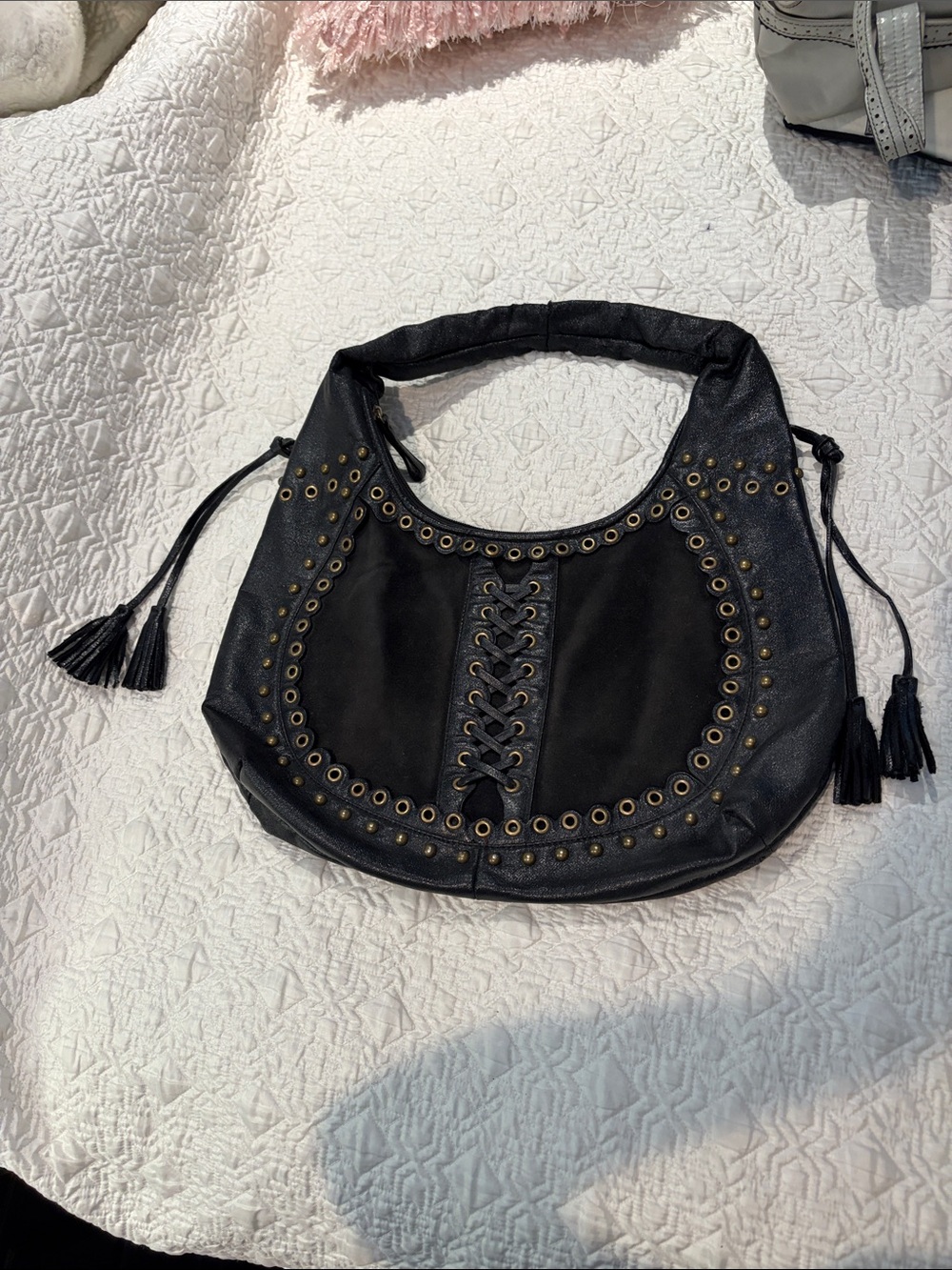 Black Women's Boho Bikercore Bag with Grommet & Tassel Detail